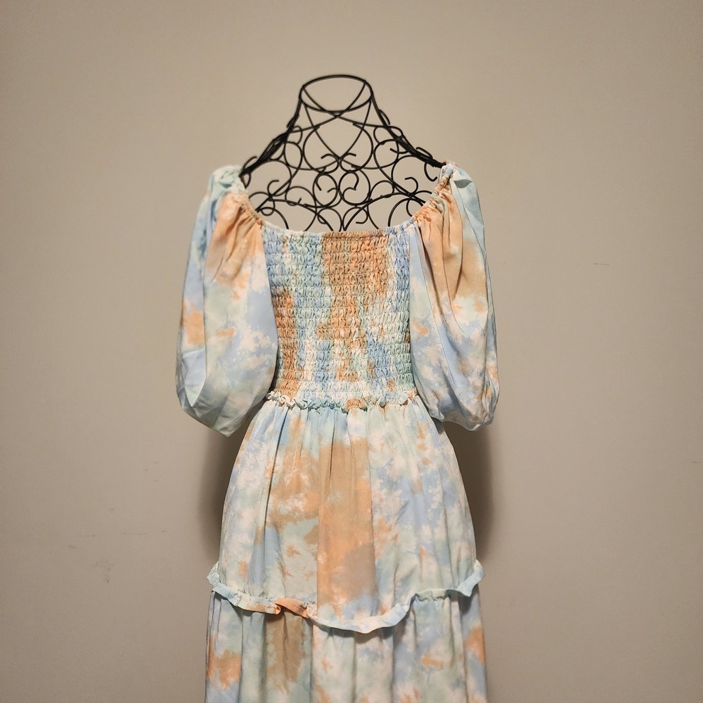 Tie Dye Tiered Maxi Dress Puff Sleeve Blue Orange Boho Size Medium - Picture 6 of 9